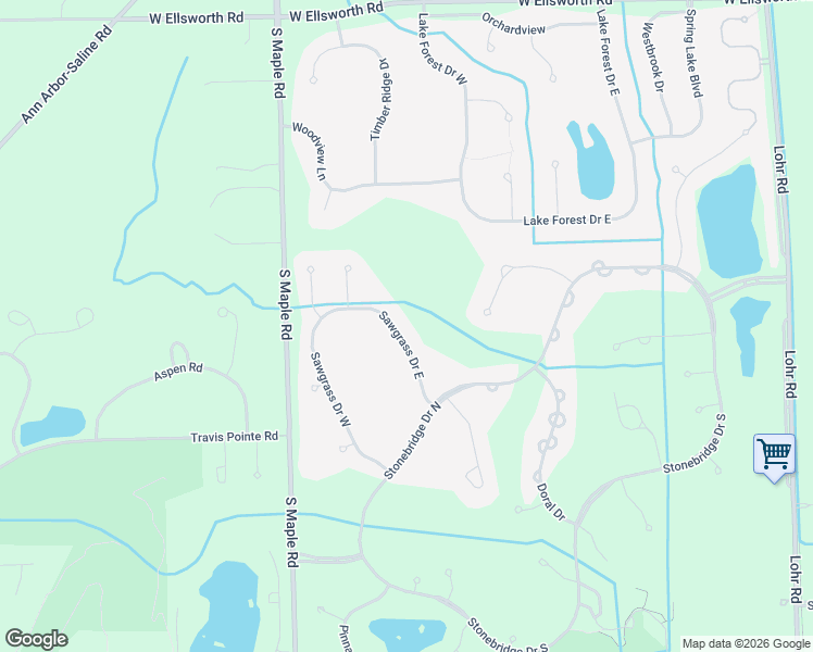 map of restaurants, bars, coffee shops, grocery stores, and more near 4637 Sawgrass Drive East in Ann Arbor