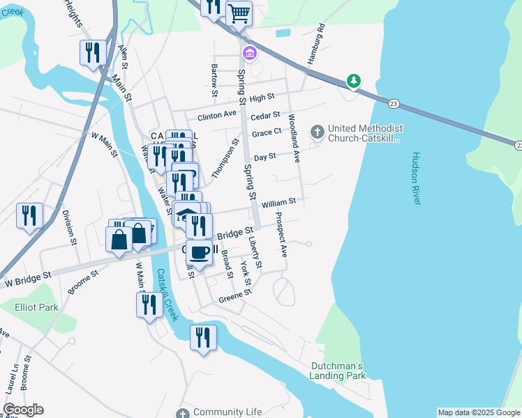 map of restaurants, bars, coffee shops, grocery stores, and more near 22 Spring Street in Catskill