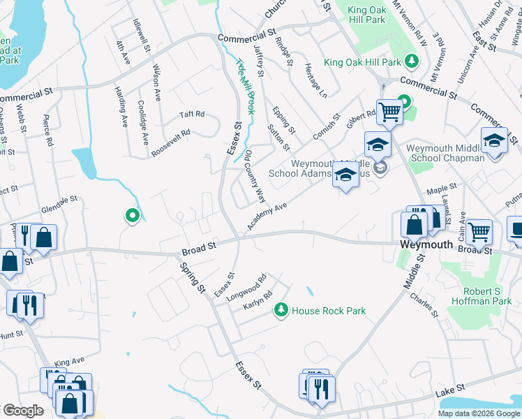 map of restaurants, bars, coffee shops, grocery stores, and more near 201 Academy Avenue in Weymouth