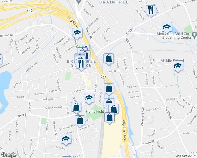 map of restaurants, bars, coffee shops, grocery stores, and more near 20 Wyman Road in Braintree