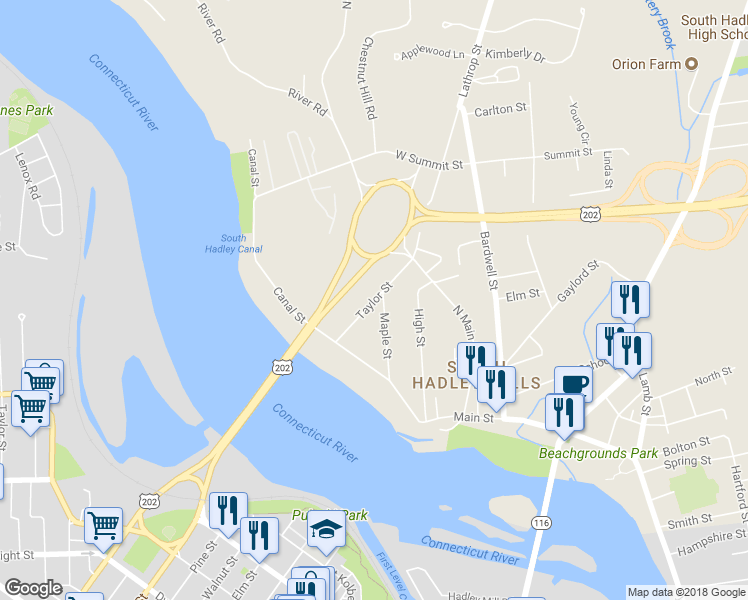 map of restaurants, bars, coffee shops, grocery stores, and more near 12 Taylor Street in South Hadley