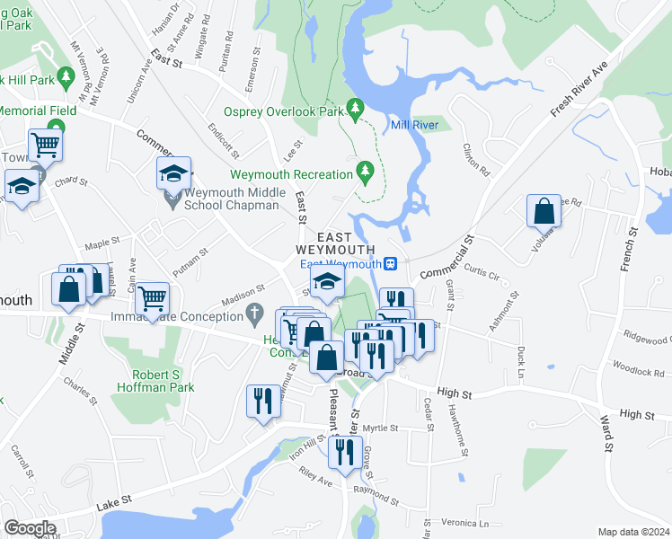 map of restaurants, bars, coffee shops, grocery stores, and more near 54 Station Street in Weymouth