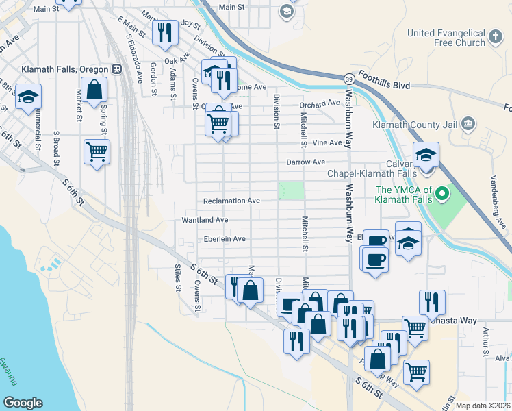 map of restaurants, bars, coffee shops, grocery stores, and more near 2236 Reclamation Avenue in Klamath Falls