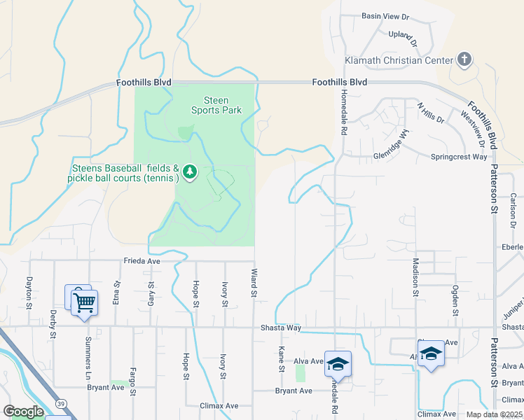 map of restaurants, bars, coffee shops, grocery stores, and more near 1107 Wiard Street in Klamath Falls
