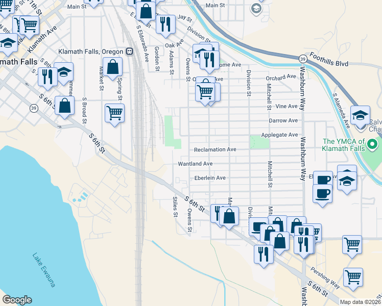 map of restaurants, bars, coffee shops, grocery stores, and more near 1124 Owens Street in Klamath Falls