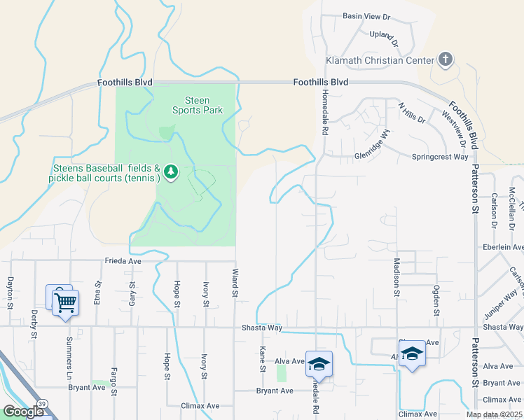 map of restaurants, bars, coffee shops, grocery stores, and more near 1107 Wiard Street in Klamath Falls