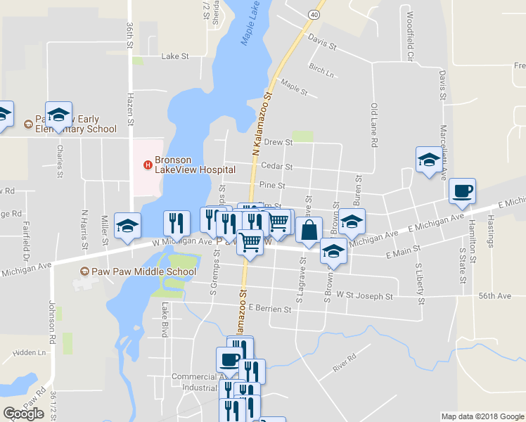 map of restaurants, bars, coffee shops, grocery stores, and more near 208 Elm Street in Paw Paw