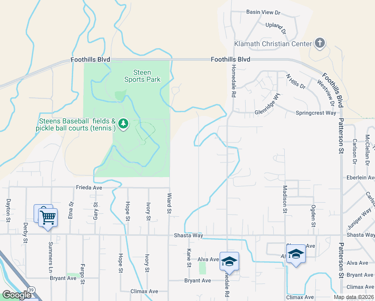 map of restaurants, bars, coffee shops, grocery stores, and more near 1107 Wiard Street in Klamath Falls