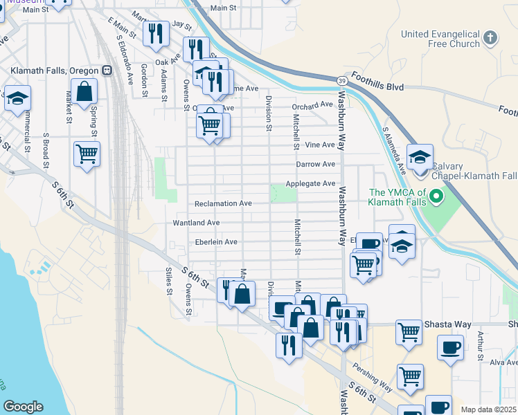 map of restaurants, bars, coffee shops, grocery stores, and more near 2236 Reclamation Avenue in Klamath Falls