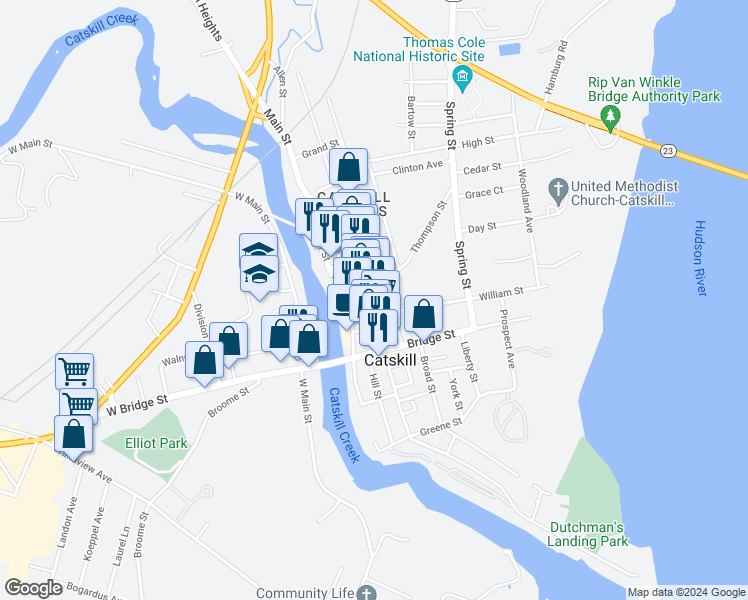 map of restaurants, bars, coffee shops, grocery stores, and more near 10 Canal Street in Catskill