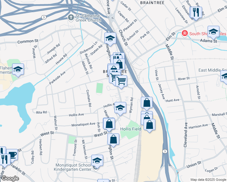 map of restaurants, bars, coffee shops, grocery stores, and more near 395 Washington Street in Braintree