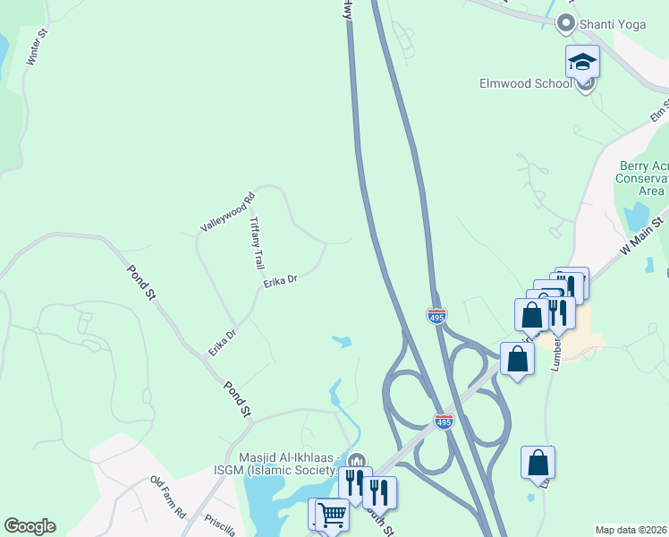 map of restaurants, bars, coffee shops, grocery stores, and more near 20 Erika Drive in Hopkinton