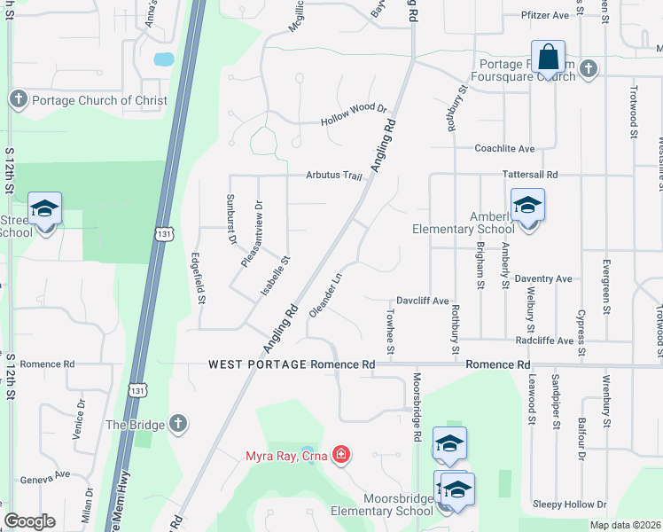 map of restaurants, bars, coffee shops, grocery stores, and more near 6755 Oleander Lane in Portage