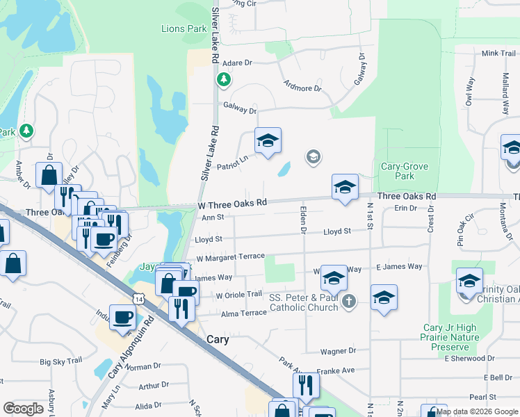 map of restaurants, bars, coffee shops, grocery stores, and more near 364 Ann Street in Cary