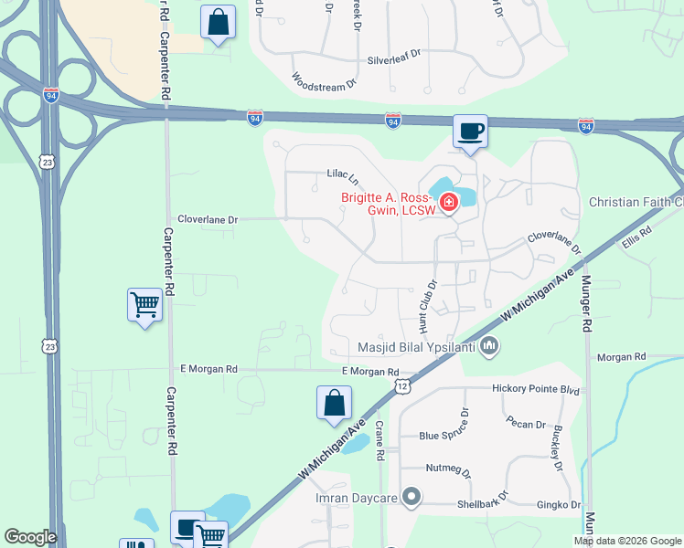 map of restaurants, bars, coffee shops, grocery stores, and more near 4641 Lilac Lane in Ypsilanti