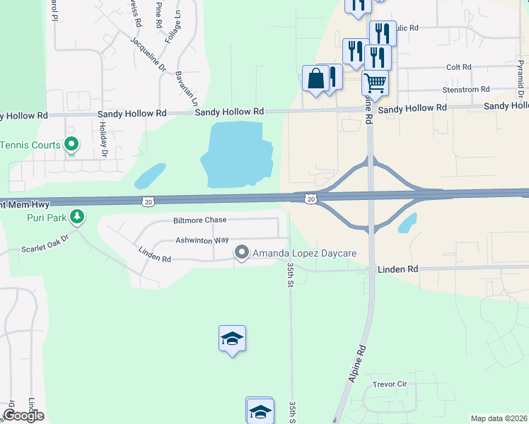 map of restaurants, bars, coffee shops, grocery stores, and more near 4166 Biltmore Chase in Rockford