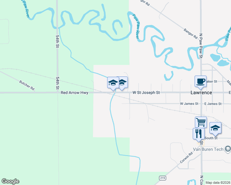 map of restaurants, bars, coffee shops, grocery stores, and more near 1073 West Saint Joseph Street in Lawrence