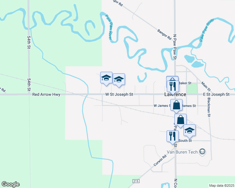 map of restaurants, bars, coffee shops, grocery stores, and more near 650 West Saint Joseph Street in Lawrence