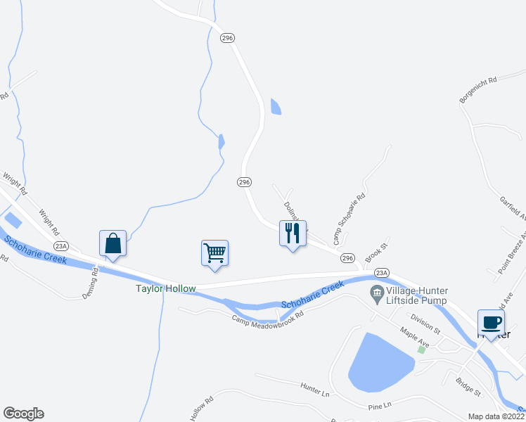 map of restaurants, bars, coffee shops, grocery stores, and more near 2591 Highway 296 in Hunter