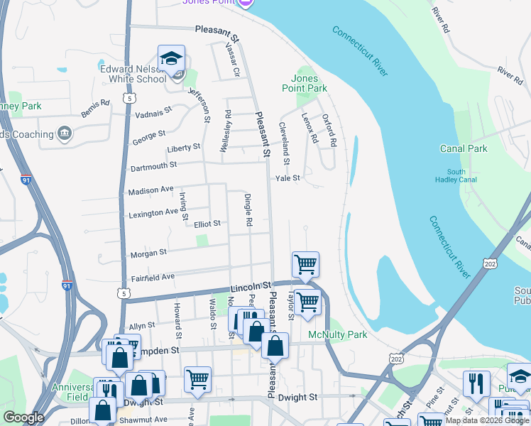 map of restaurants, bars, coffee shops, grocery stores, and more near 257 Pleasant Street in Holyoke