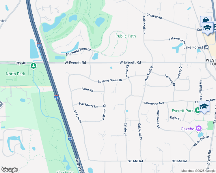 map of restaurants, bars, coffee shops, grocery stores, and more near 1153 South Wilson Drive in Lake Forest