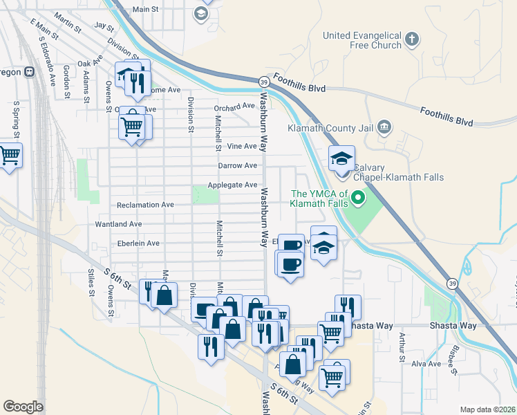 map of restaurants, bars, coffee shops, grocery stores, and more near 2540 Reclamation Avenue in Klamath Falls