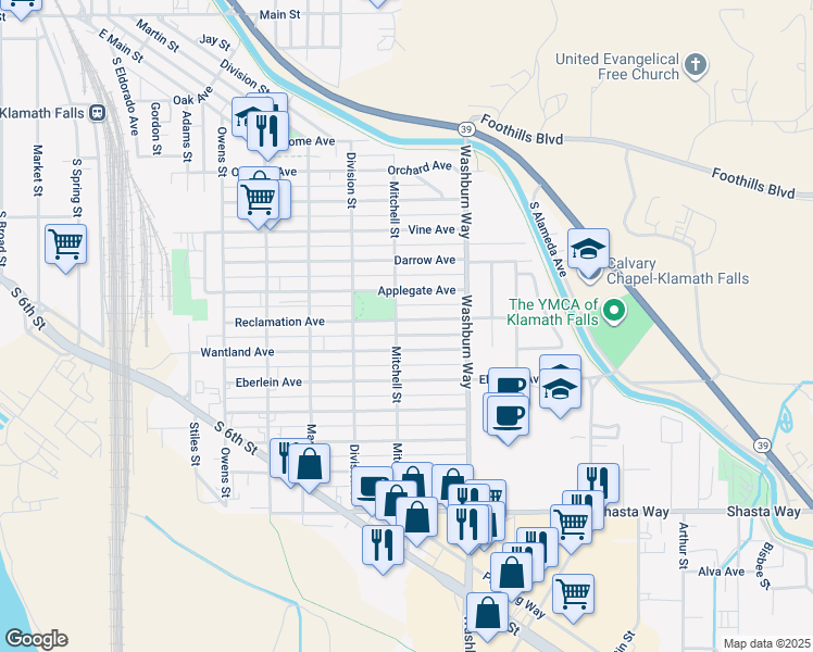 map of restaurants, bars, coffee shops, grocery stores, and more near 2412 Reclamation Avenue in Klamath Falls