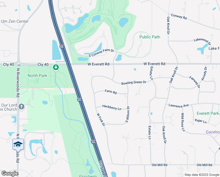 map of restaurants, bars, coffee shops, grocery stores, and more near 1850 Farm Road in Lake Forest