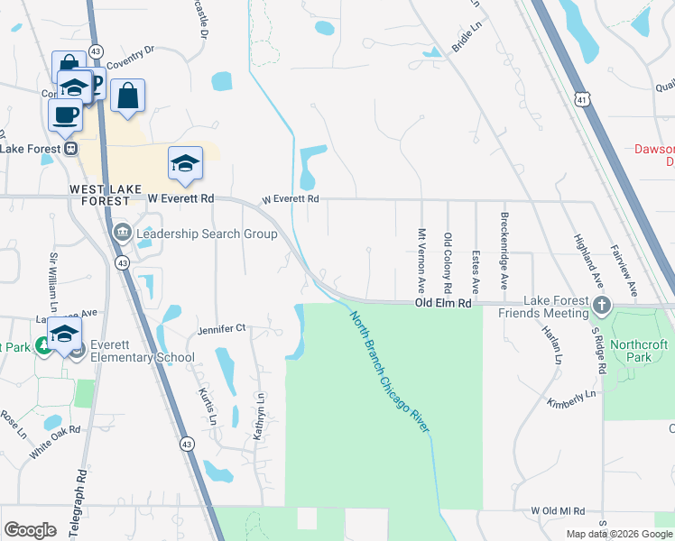 map of restaurants, bars, coffee shops, grocery stores, and more near 620 W Old Elm Rd in Lake Forest