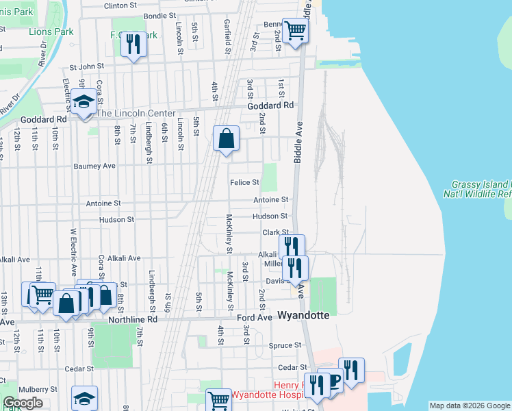 map of restaurants, bars, coffee shops, grocery stores, and more near 198 Hudson Street in Wyandotte