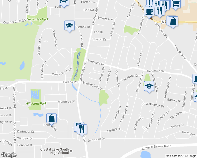 map of restaurants, bars, coffee shops, grocery stores, and more near 804 Eletson Drive in Crystal Lake