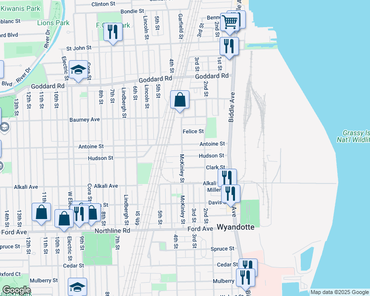 map of restaurants, bars, coffee shops, grocery stores, and more near 268 Hudson Street in Wyandotte