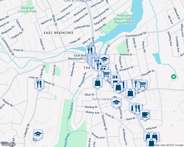 map of restaurants, bars, coffee shops, grocery stores, and more near 20 Brookside Road in Braintree