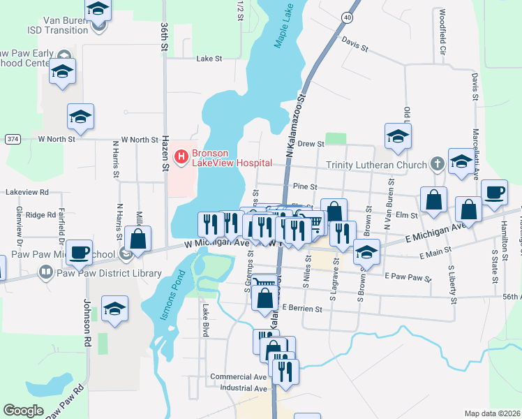 map of restaurants, bars, coffee shops, grocery stores, and more near 113 Oak Street in Paw Paw