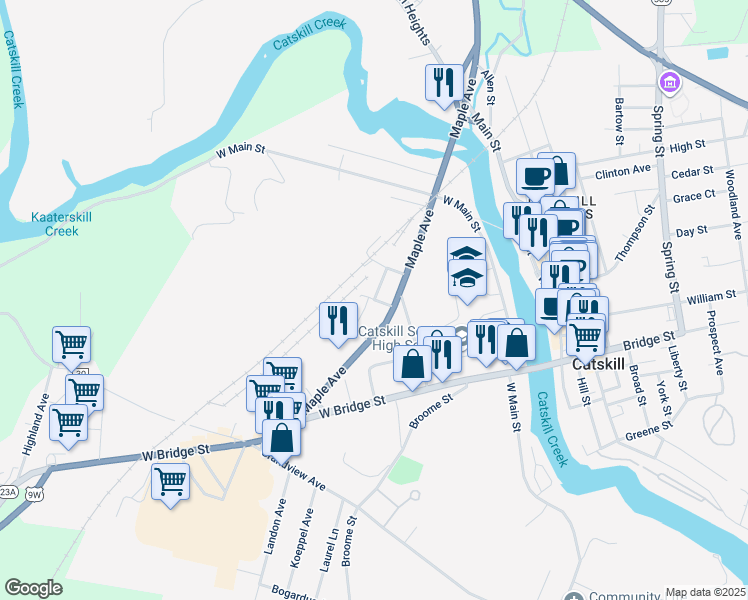 map of restaurants, bars, coffee shops, grocery stores, and more near 62 Cowles Street in Catskill