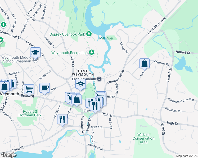 map of restaurants, bars, coffee shops, grocery stores, and more near 1590 Commercial Street in Weymouth