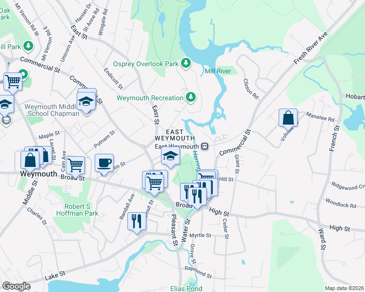 map of restaurants, bars, coffee shops, grocery stores, and more near 94 Station Street in Weymouth