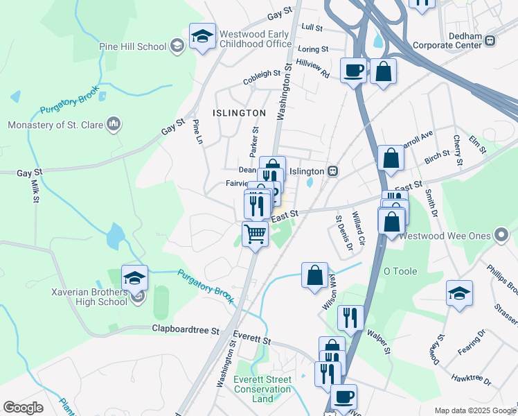 map of restaurants, bars, coffee shops, grocery stores, and more near 281 Washington Street in Westwood