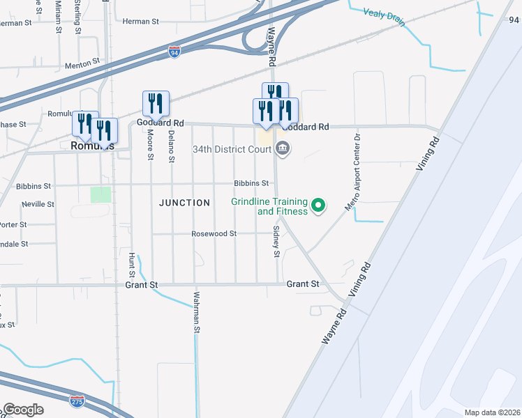 map of restaurants, bars, coffee shops, grocery stores, and more near 11321 Gabriel Street in Romulus