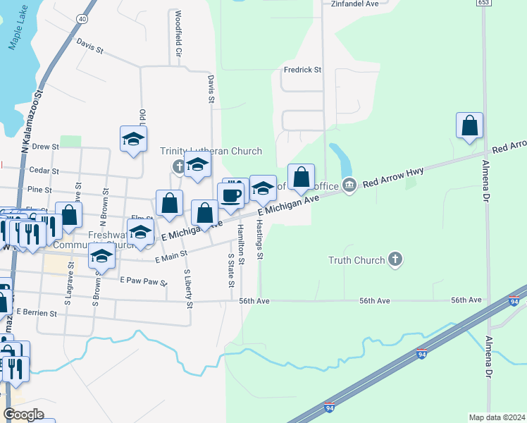 map of restaurants, bars, coffee shops, grocery stores, and more near 30609 East Red Arrow Highway in Paw Paw