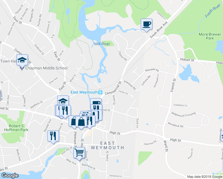map of restaurants, bars, coffee shops, grocery stores, and more near 1640 Commercial Street in Weymouth