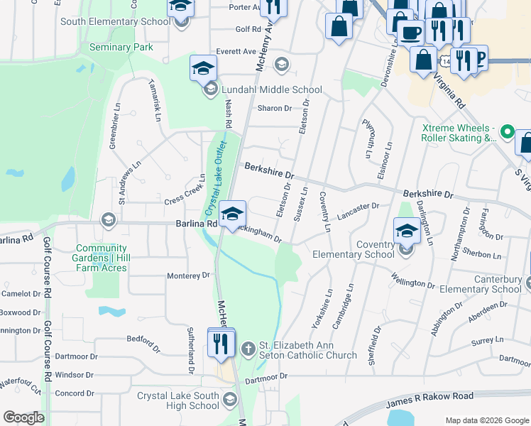 map of restaurants, bars, coffee shops, grocery stores, and more near 804 Eletson Drive in Crystal Lake