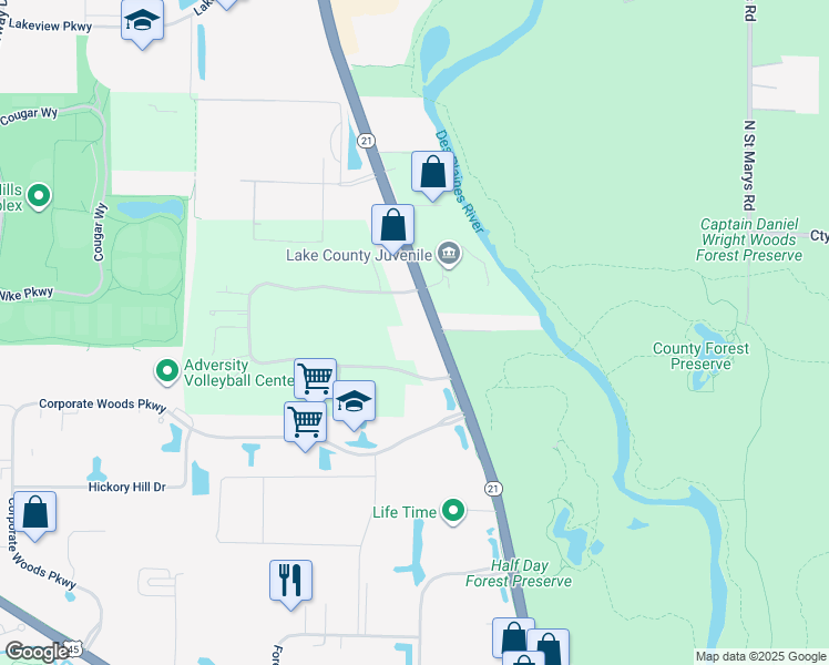 map of restaurants, bars, coffee shops, grocery stores, and more near 350 South Milwaukee Avenue in Vernon Hills