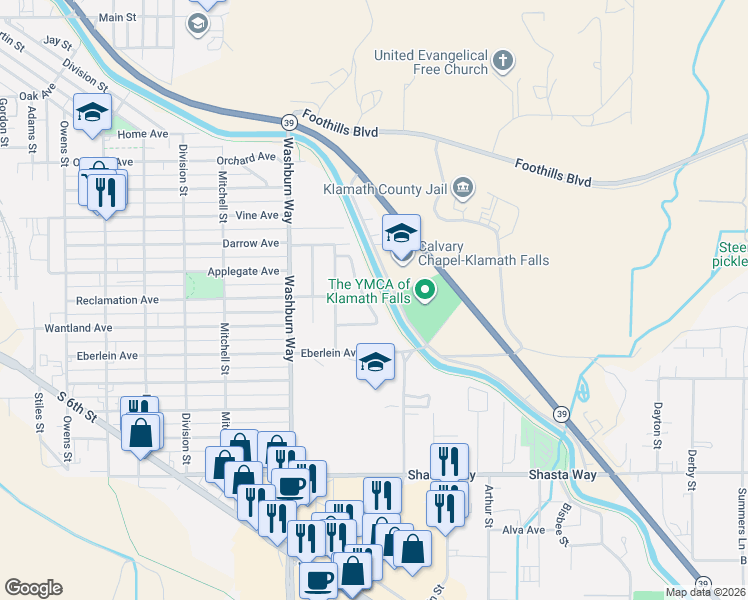 map of restaurants, bars, coffee shops, grocery stores, and more near 1121 Wantland Avenue in Klamath Falls