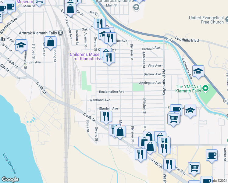 map of restaurants, bars, coffee shops, grocery stores, and more near 2145 Wantland Avenue in Klamath Falls