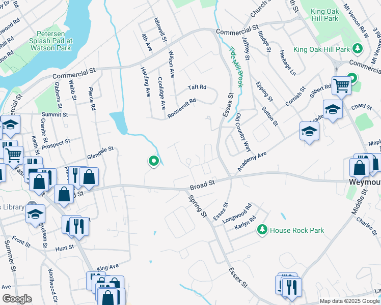 map of restaurants, bars, coffee shops, grocery stores, and more near 10 School House Road in Weymouth