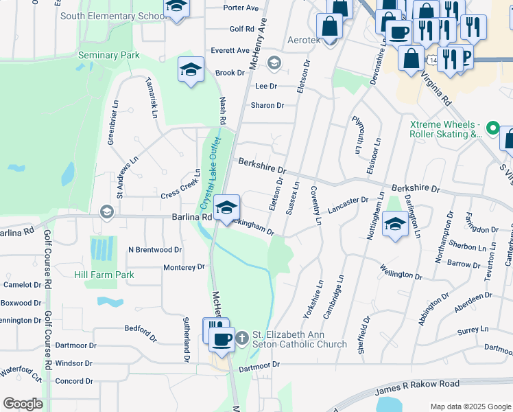 map of restaurants, bars, coffee shops, grocery stores, and more near 480 Westwood Court in Crystal Lake