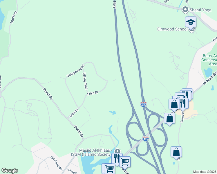 map of restaurants, bars, coffee shops, grocery stores, and more near 20 Erika Drive in Hopkinton