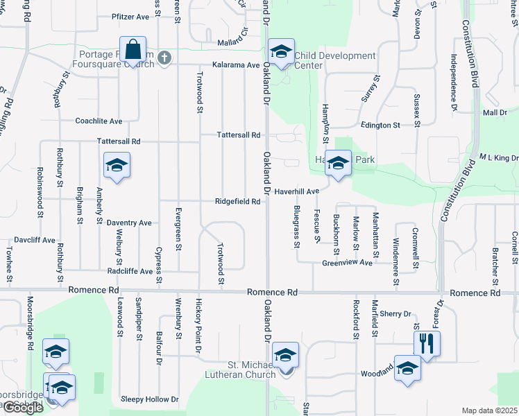 map of restaurants, bars, coffee shops, grocery stores, and more near 6734 Oakland Drive in Portage