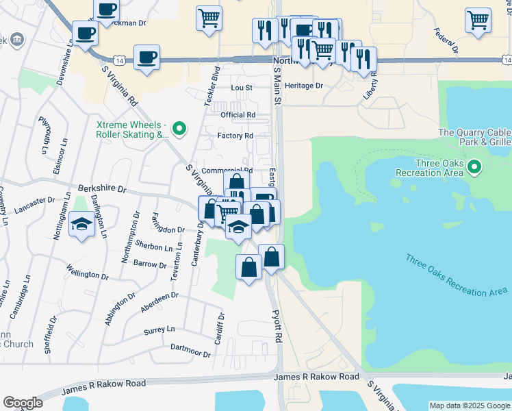 map of restaurants, bars, coffee shops, grocery stores, and more near 93 Berkshire Drive in Crystal Lake